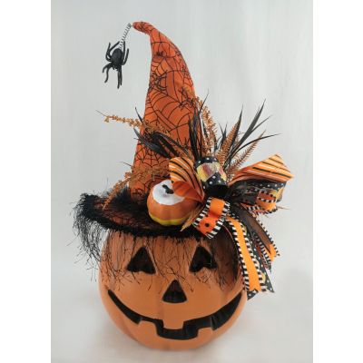 Lighted Fiber Optic  Pumpkin with Orange Hat